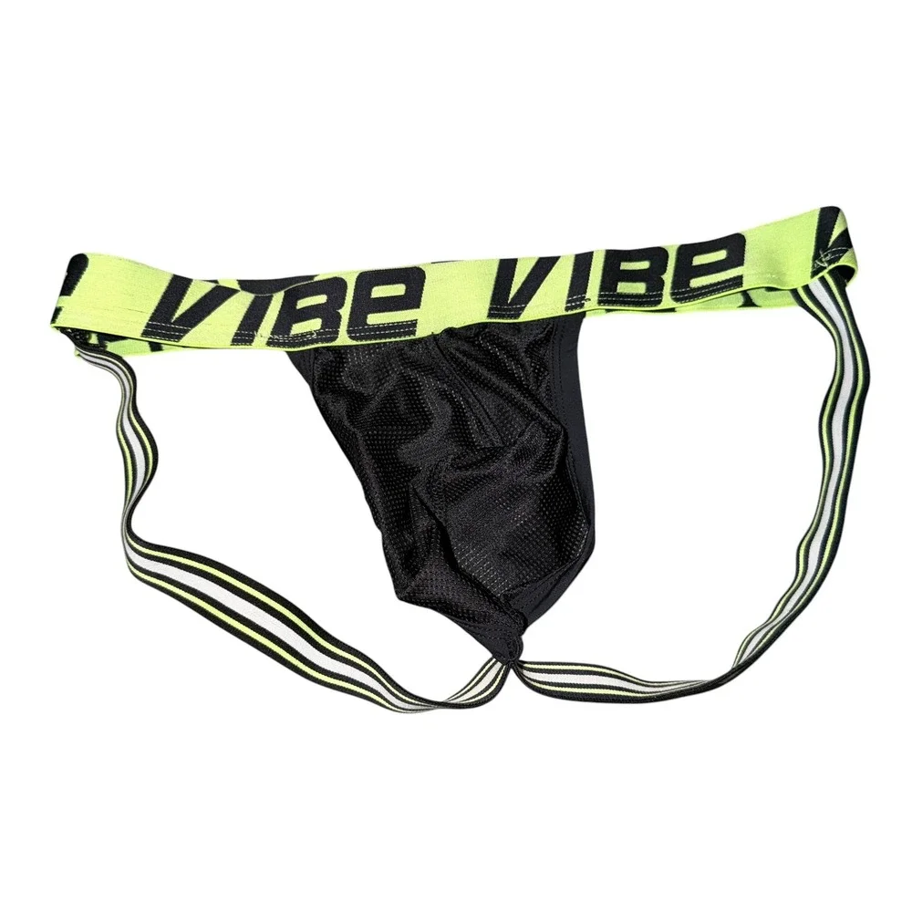 Vibe Mens Mesh Jockstrap Black Neon Yellow Logo Waistband Athletic‎ Underwear